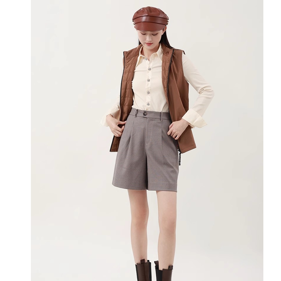 GIRDEAR/哥弟时尚休闲百搭新款高腰显瘦复古千鸟格短裤1100555