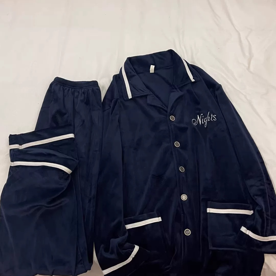 102-冬季男款蓝色字母简约款长袖长裤家居服套装