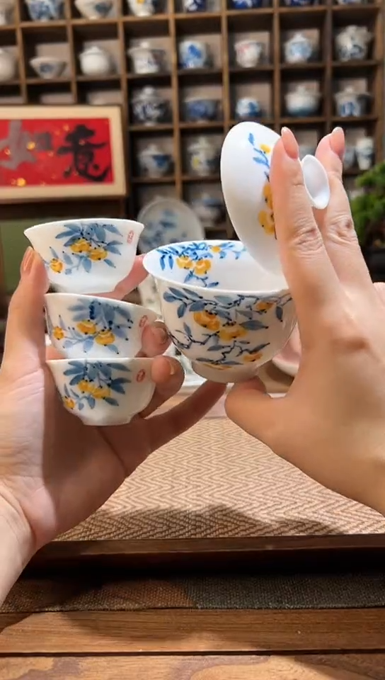 【闪购商品】手绘柿子二才盖碗+送3个客杯