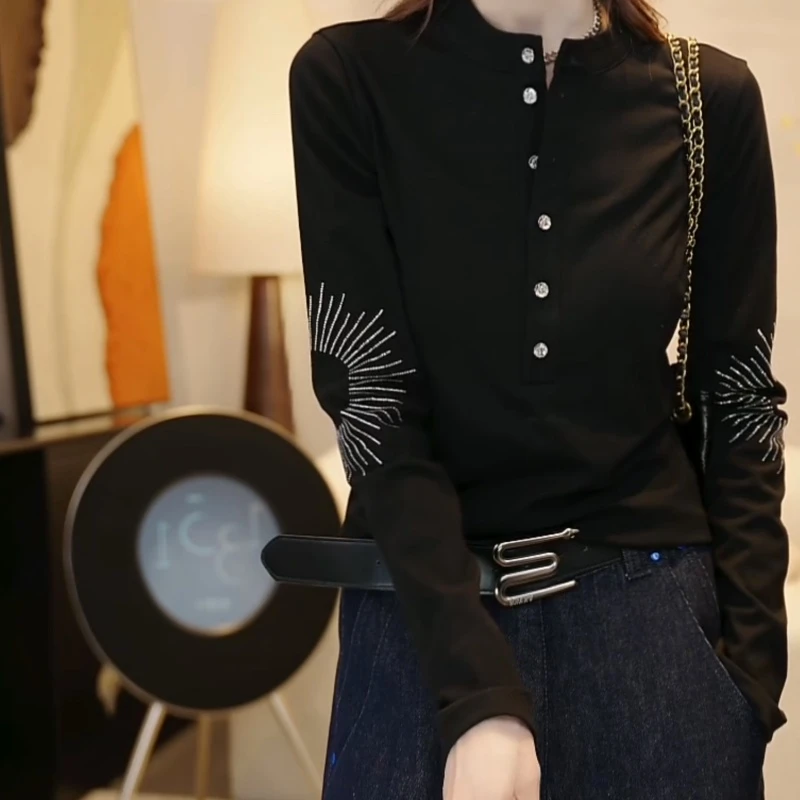 2025『巴黎之夜』秋季设计师极简风高定潮流烫钻长袖T恤上衣