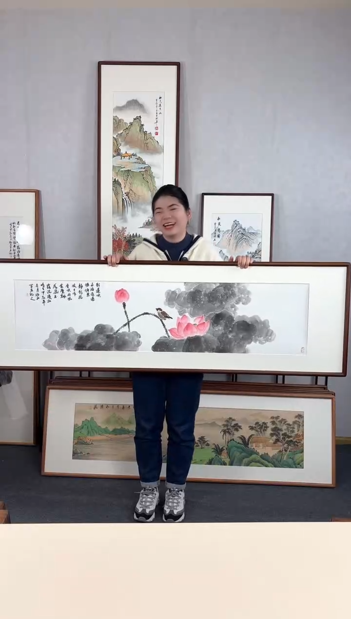 【闪购商品】国画手绘*荷花*52*172cm实木框