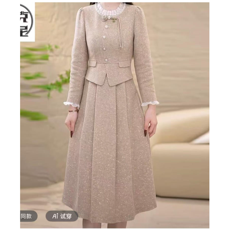 旗袍名媛圆领时尚长袖咖色秋季连衣裙小香风抗起球