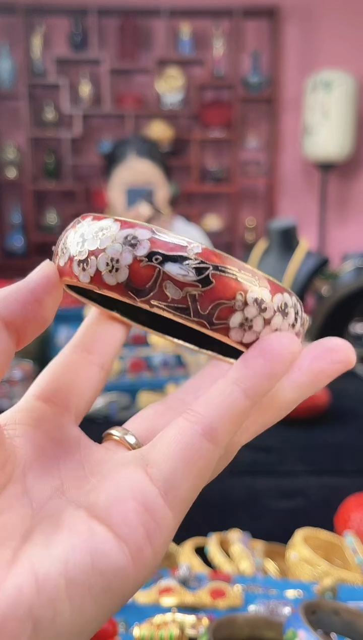 非遗 景泰蓝喜上眉梢开口镯 58-64 砖红