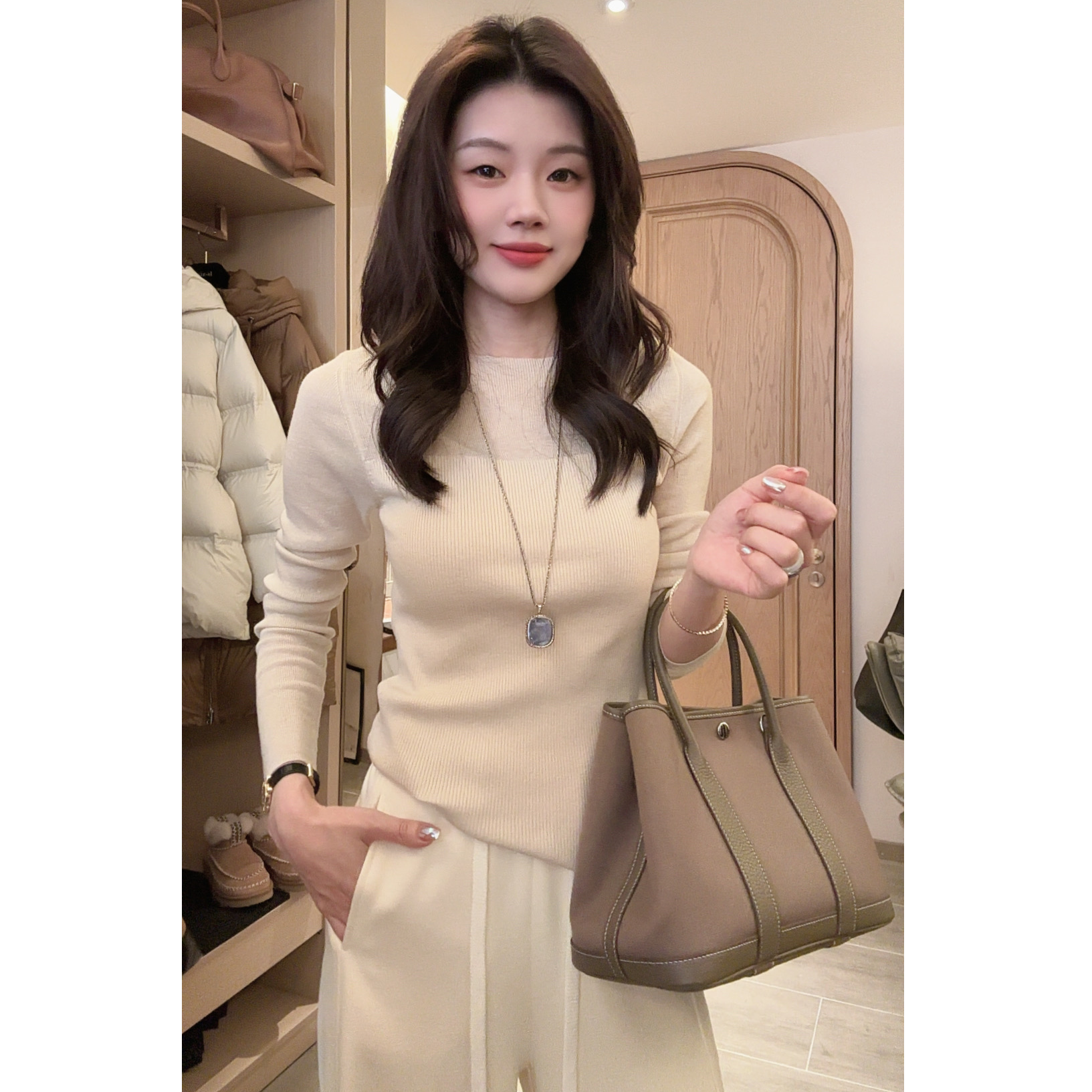 【云渐层】冬季山羊绒桑蚕丝打底毛衣针织气质修身长袖毛衣