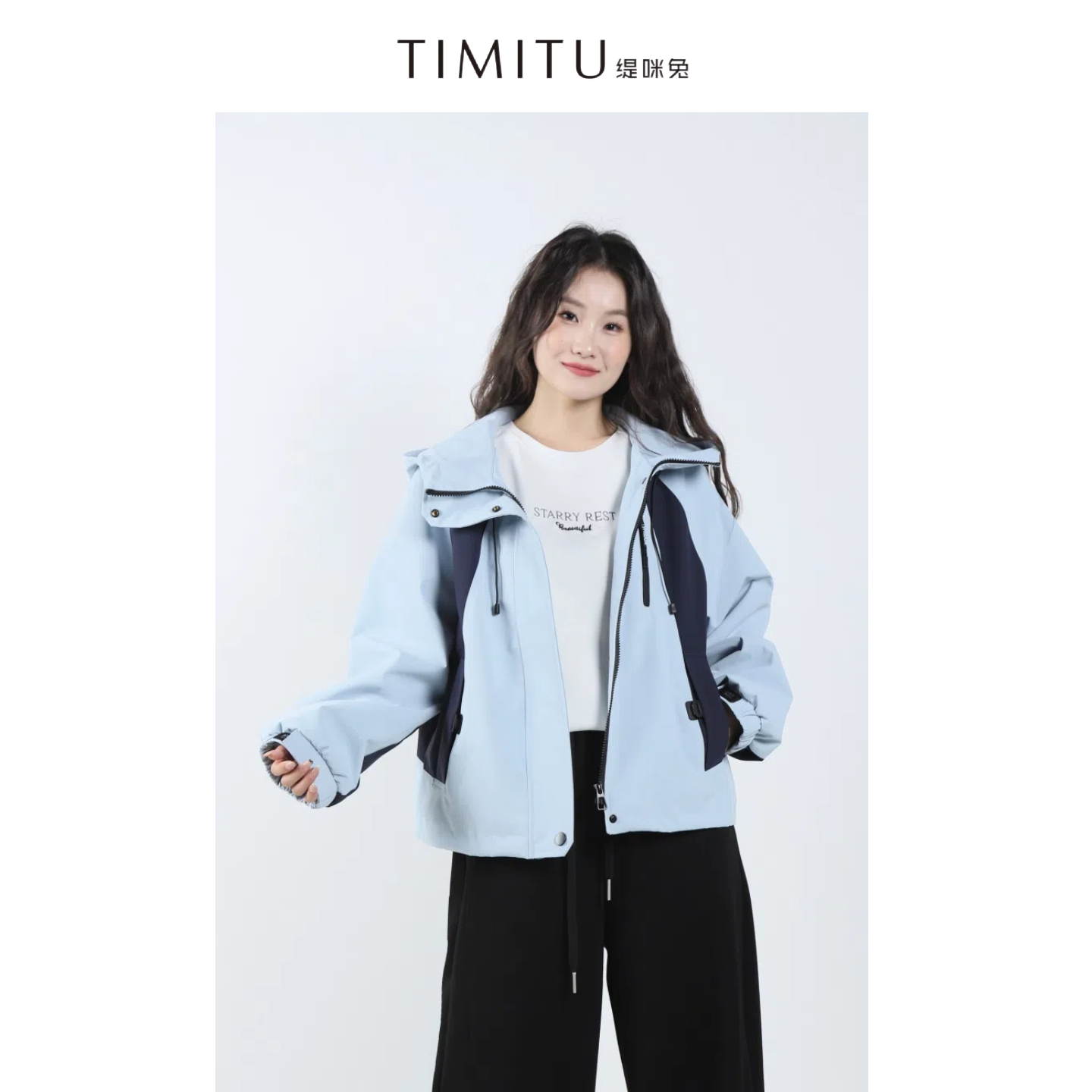 TIMITU缇咪兔秋季户外冲锋衣厚款宽松连帽拼接防风短外套34324003
