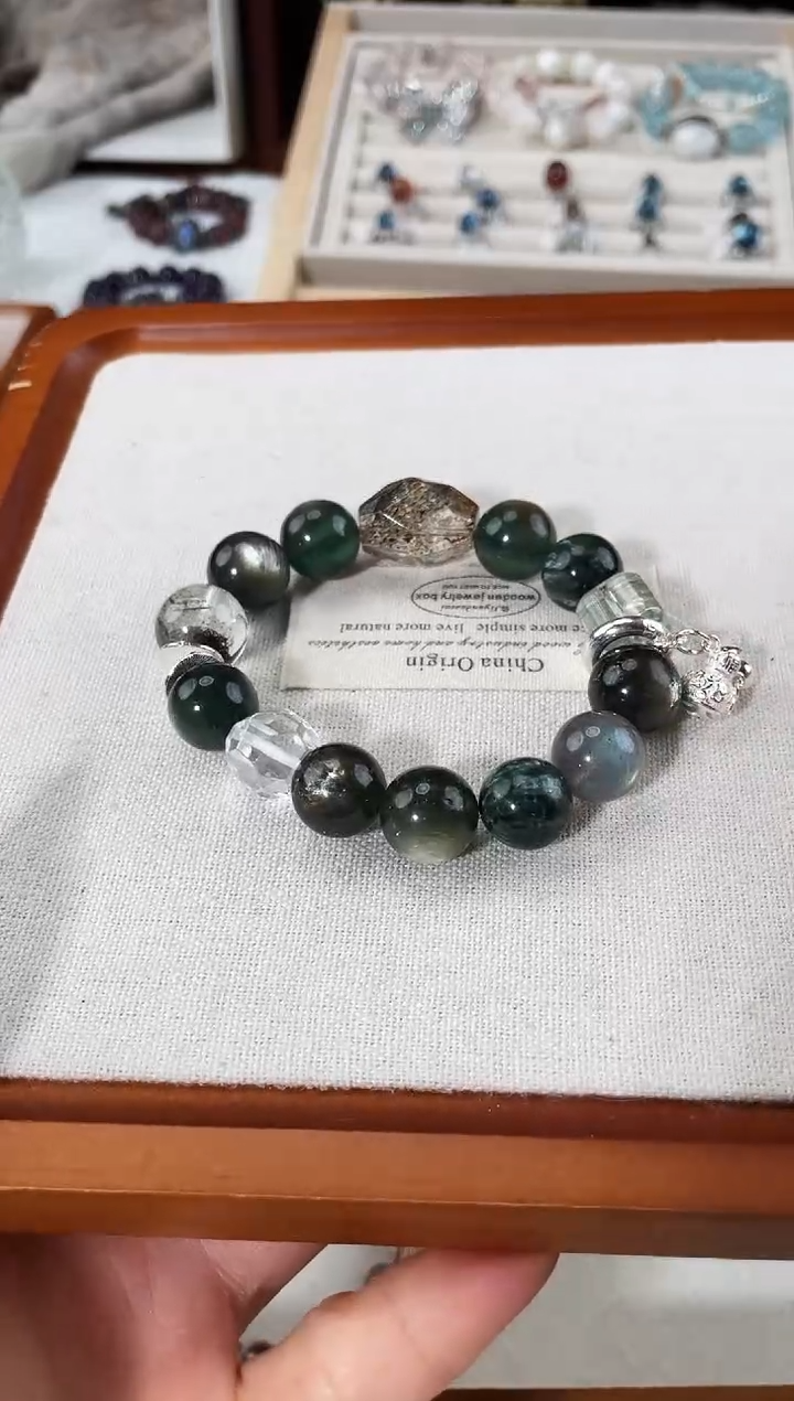 银S925镶嵌手链水晶?***✨天然绿锂云母灰月光黑金超七手串