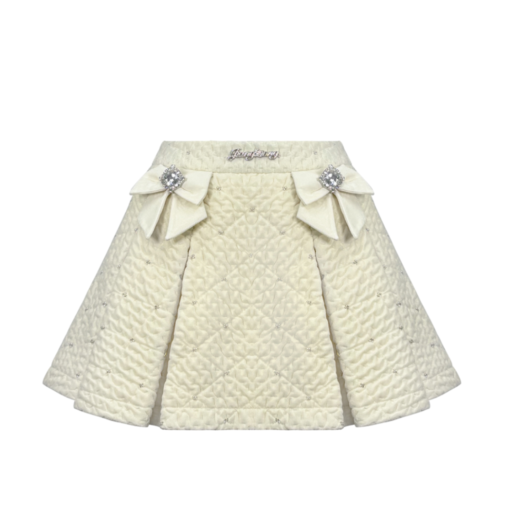 姜穹JIANGQIONG2025新款秋冬精致钻饰蝴蝶结绗棉叠褶高腰短半裙女