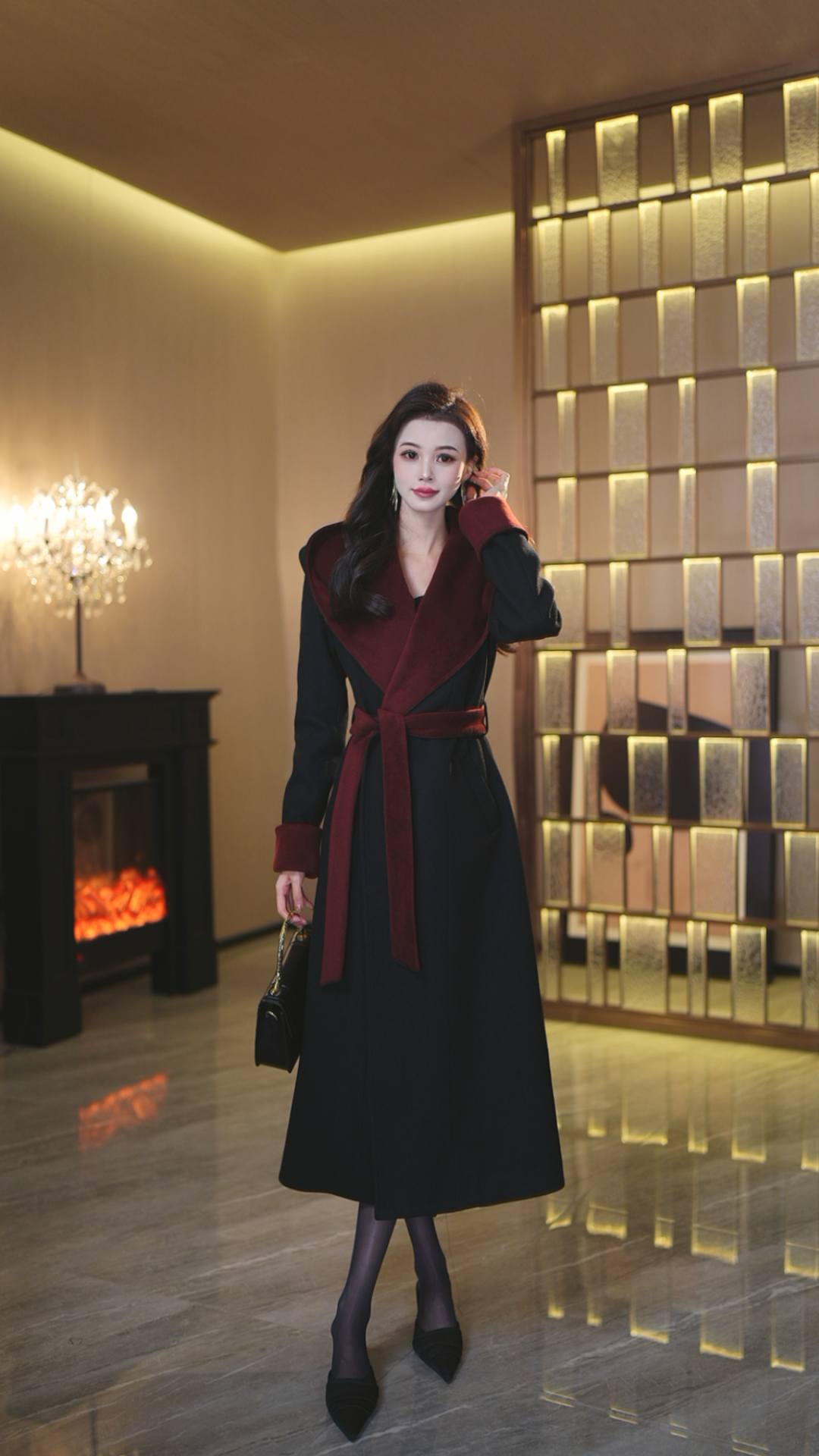 CICI定制 冬季高级感撞色拼色双排扣毛呢大衣外套女羽绒版