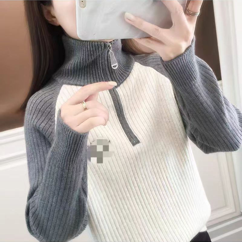 【学院风立领】撞色半拉链毛衣女秋冬新款初中高中学生打底针织衫