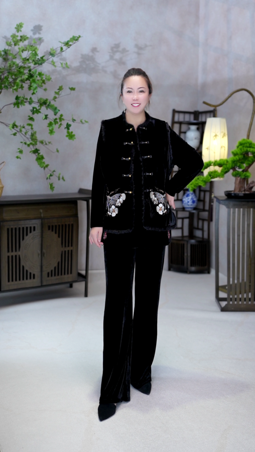 5【MIAOCI】70521秋冬新品时尚复古重工黑色中国风丝绒马夹