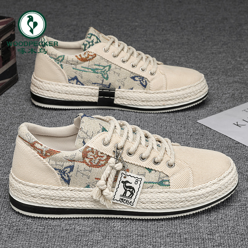 【正品】啄木鸟帆布鞋男鞋春季透气灯芯绒平板鞋休闲轻便老北京布鞋