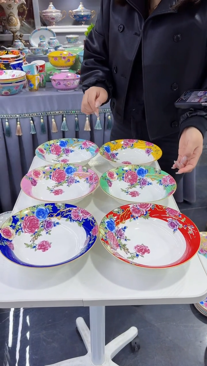 珐琅7.5英寸圆深盘6个景德镇陶瓷