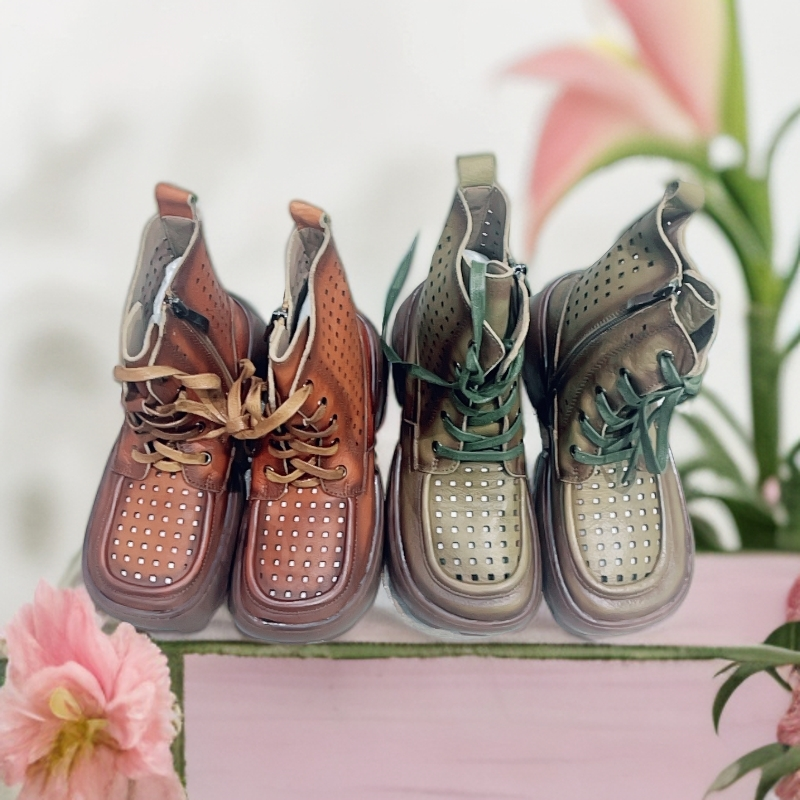 马丁靴高帮透气交叉绑带镂空女靴-果梓333