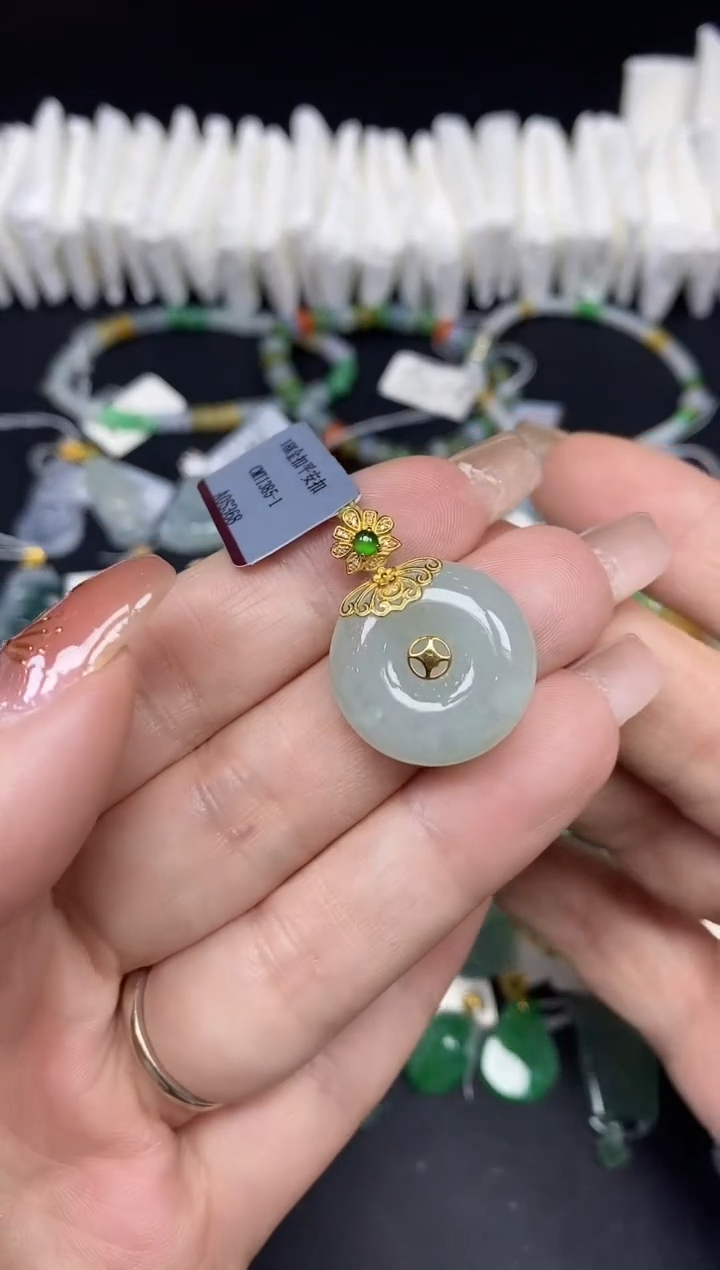 吊坠(不含链)18K金镶嵌翡翠平安扣18K金扣镶嵌@@CMT1385-1