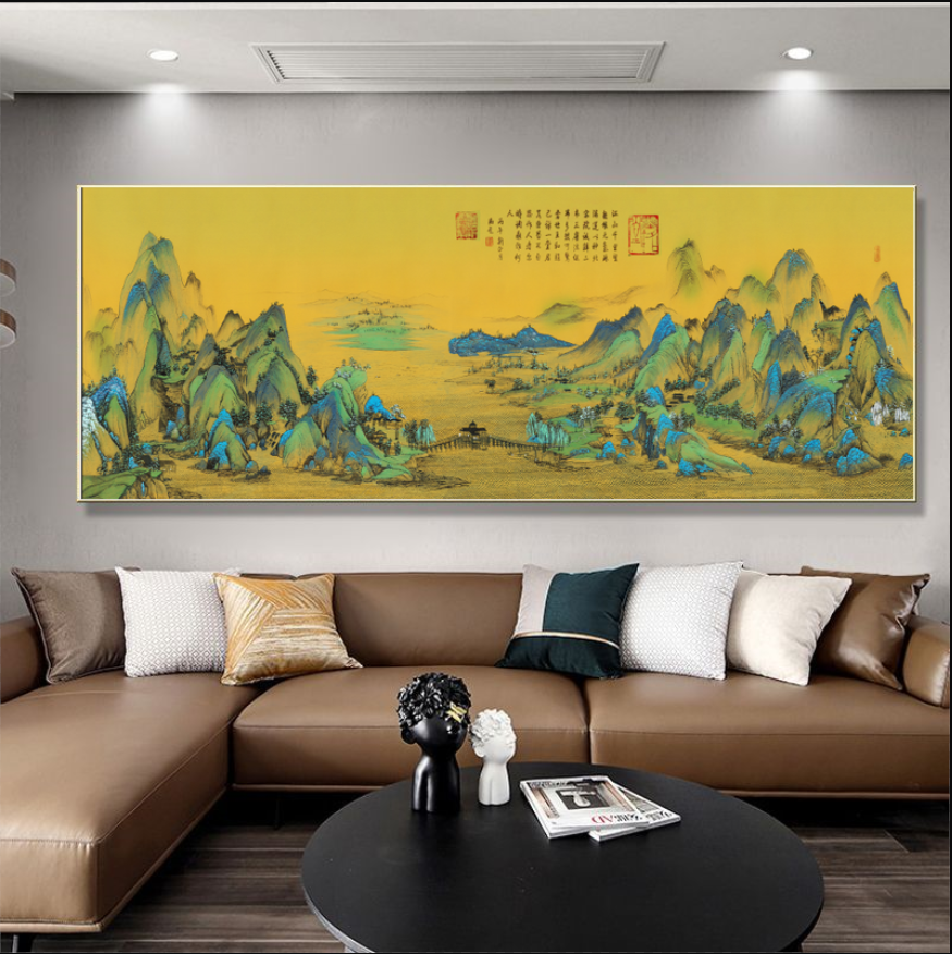 千里江山图新中式客厅沙发背景墙装饰画办公室茶室挂画