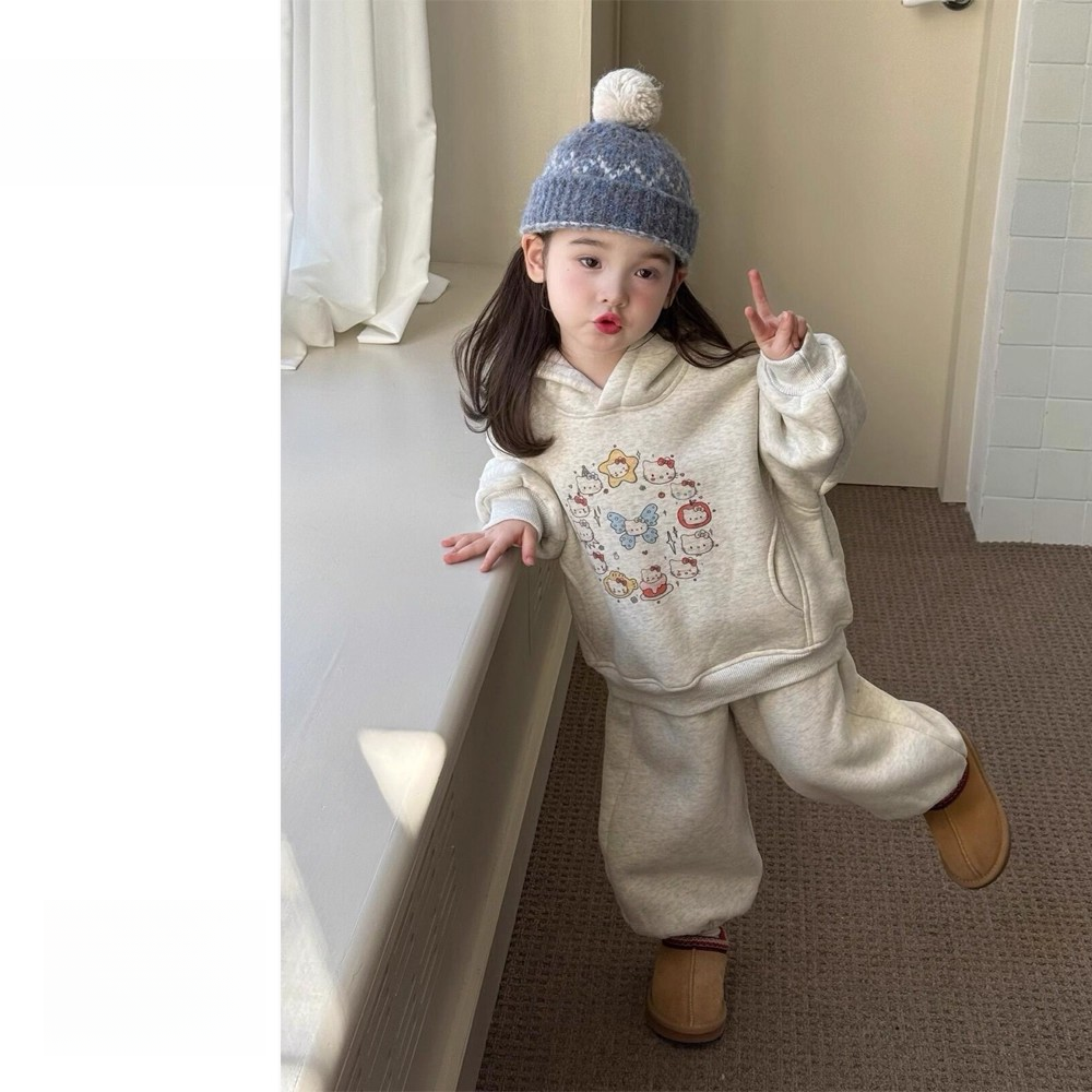 女童套装2025秋装新款女孩韩版卡通印花连帽卫衣宝宝加绒保暖卫裤