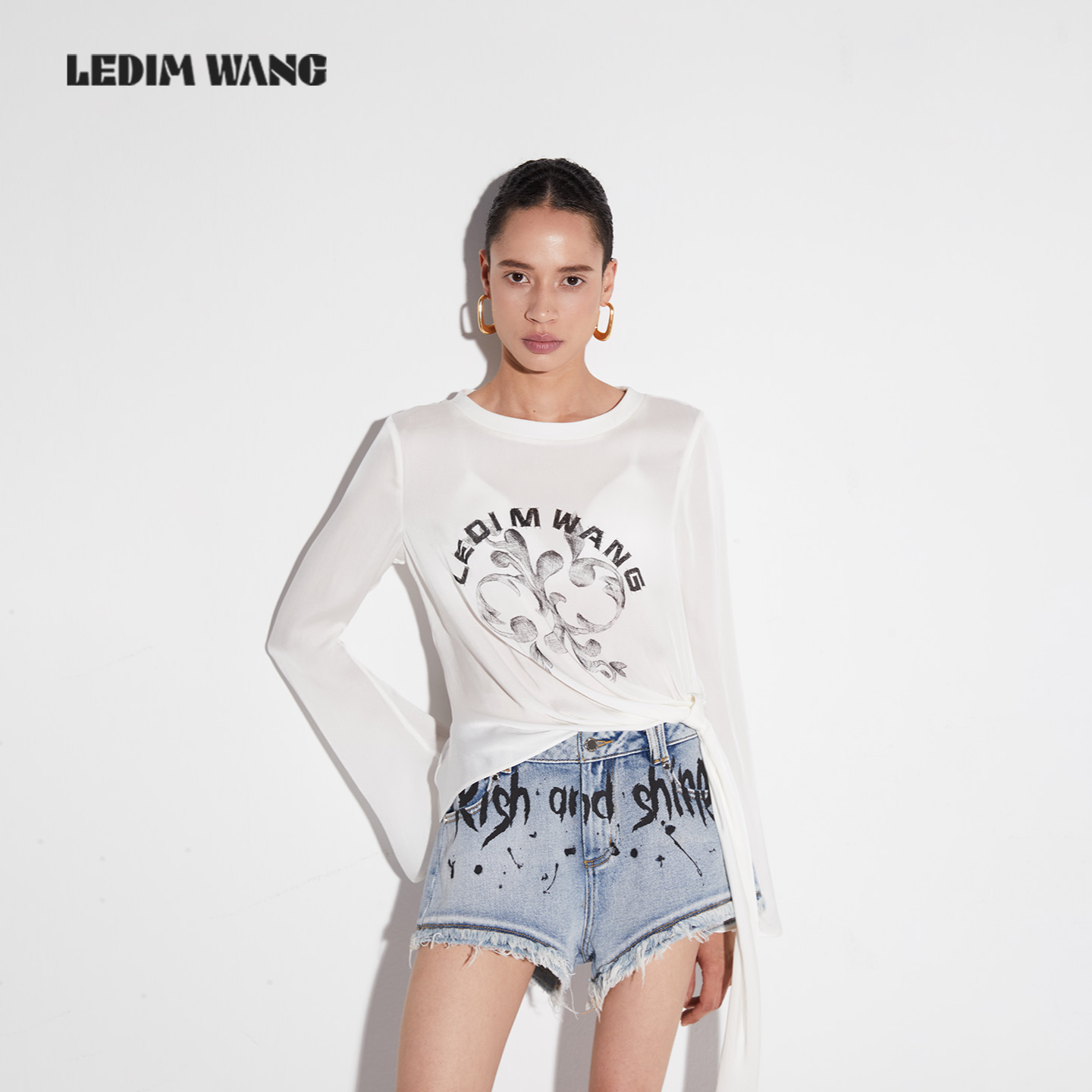 LEDIM WANG【明星同款】白标/桑蚕丝印花飘带T恤2025新款长袖上衣