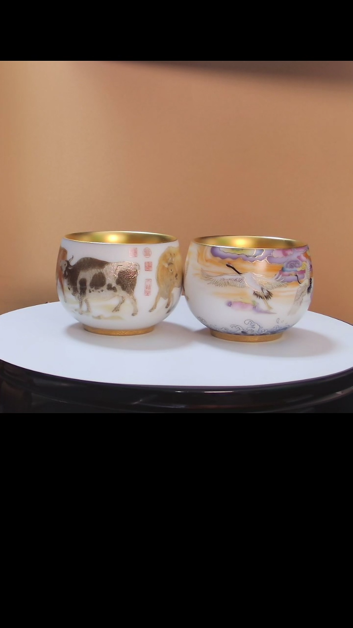 【闪购商品】对杯七彩仙鹤祥云+五福牛内鎏金主人杯礼盒装