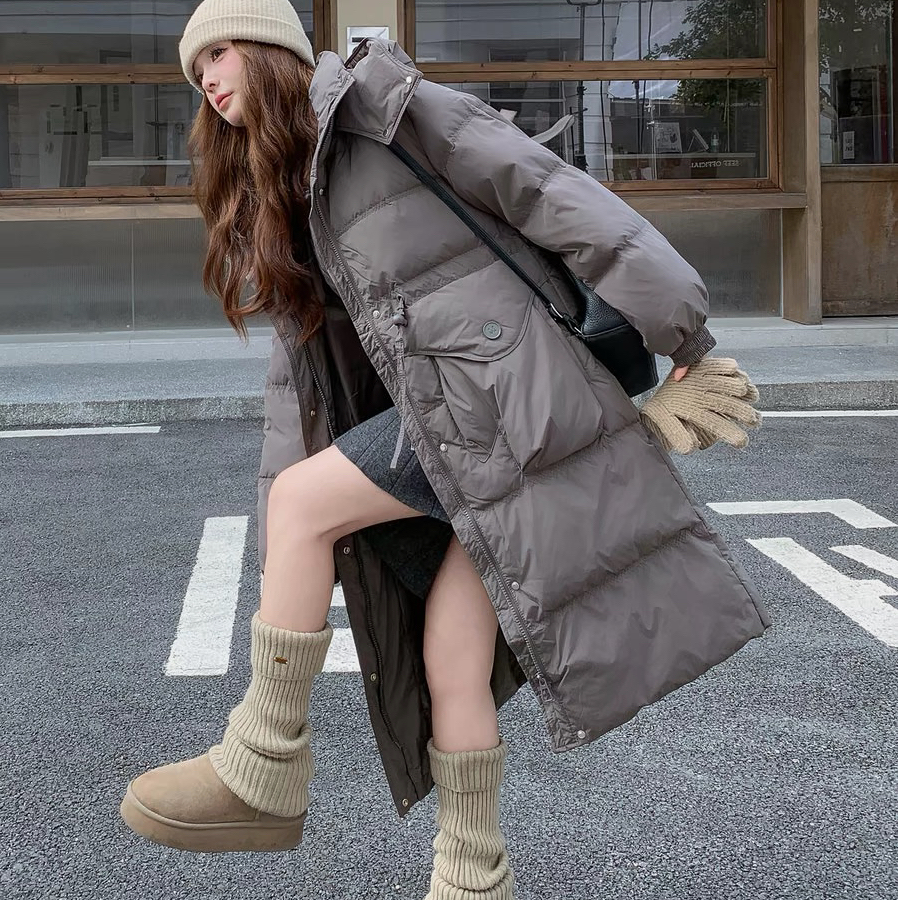 手套款收腰大长款2025冬季韩版宽松保暖连帽立领白鸭绒长羽绒服