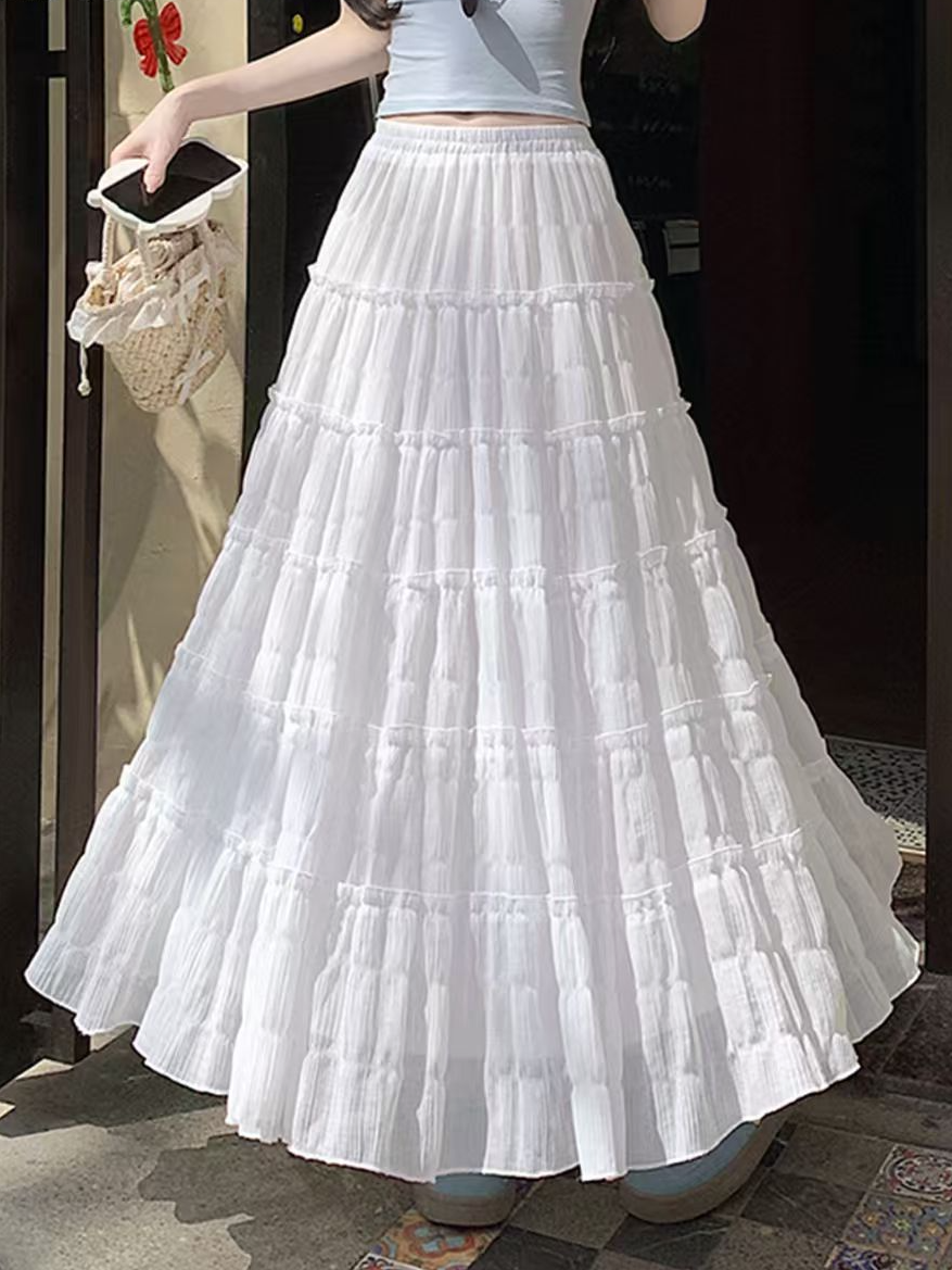 新款韩版百搭肌理感显瘦春夏A字半身裙木耳边拼接蛋糕裙长裙2025