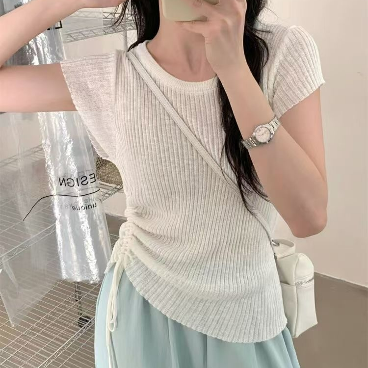 NICE圈圈、怎么穿都好看夏季冰丝侧抽绳短袖上衣A60099