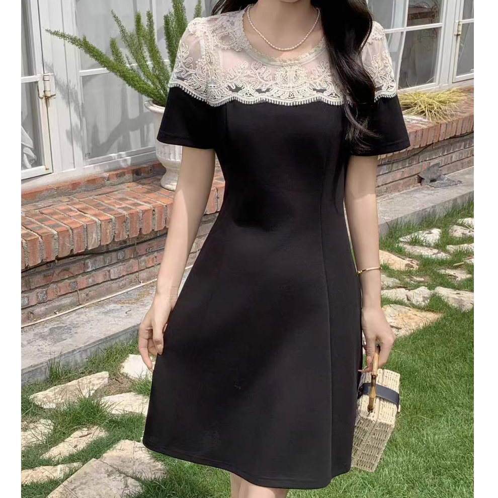 蕾丝拼接连衣裙女夏季新款中长款收腰显瘦气质连衣裙#2536