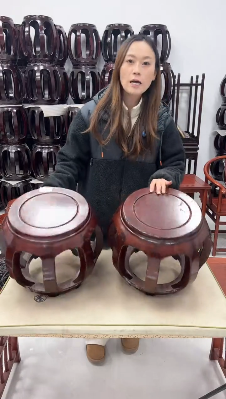 鸡翅木类家具一对微瑕酸枝木小号胡桃色鼓凳 不退不换 35号