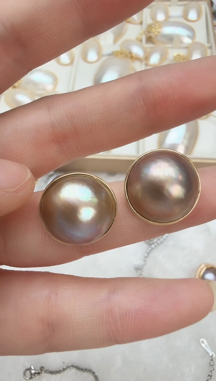 未镶嵌耳饰淡水珍珠光板洒金色