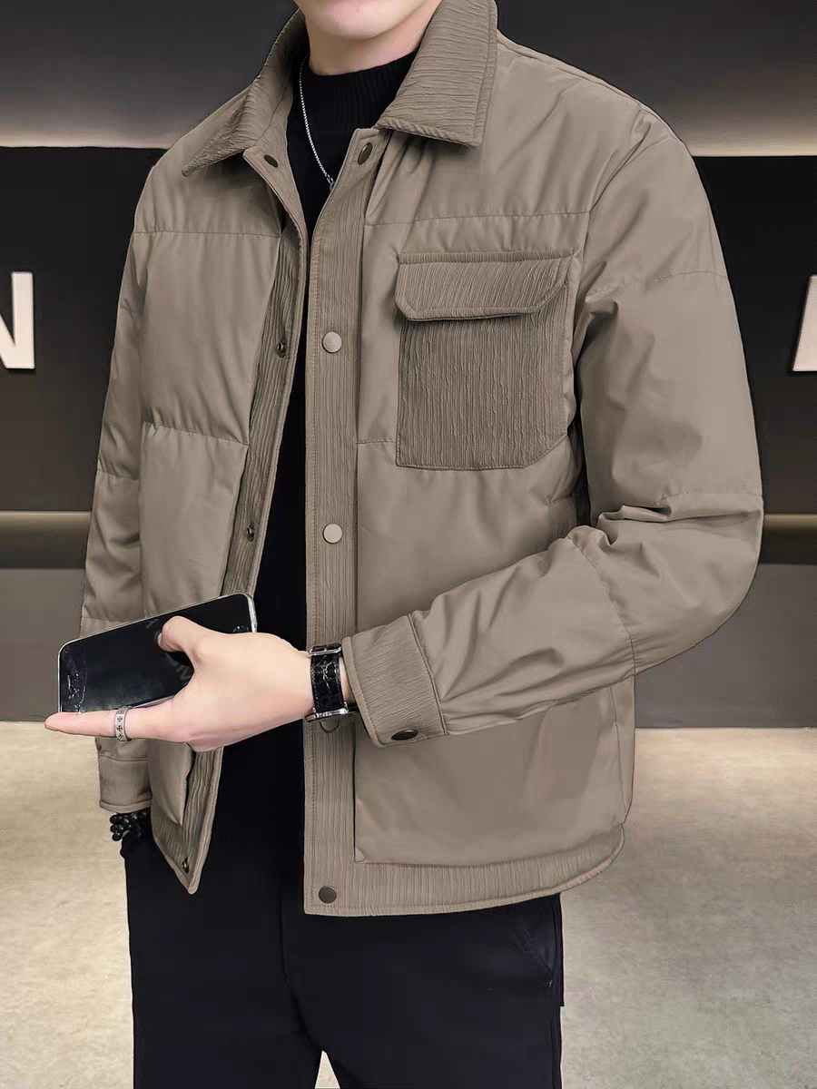R91-R100高级感拼接设计男士轻薄羽绒服新款休闲百搭翻领保暖外套