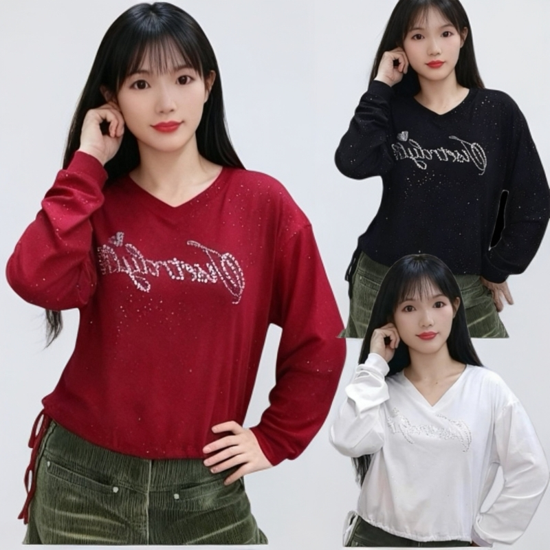 【现货带运费险】秋上新V领烫钻洒金长袖弹力棉时尚宽松版抽绳上衣