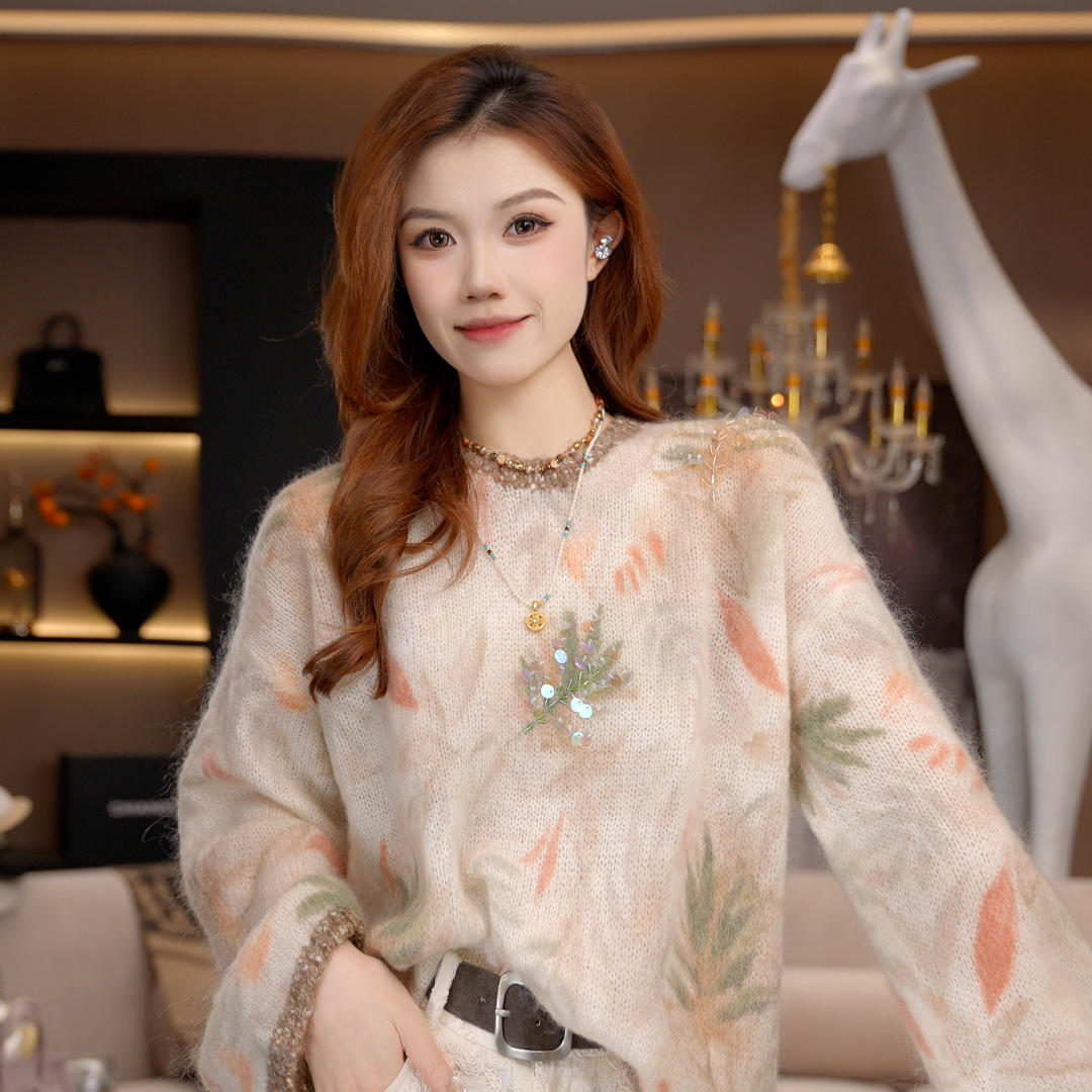 静静丨秋枫限定～重工亮片枫叶晕染减龄气质长袖毛衣