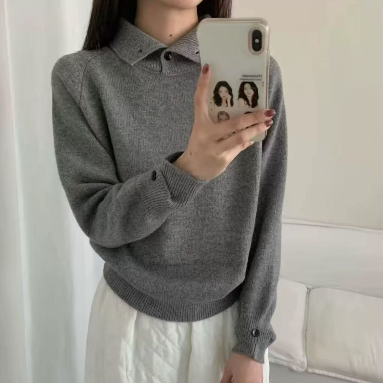 191#新款纽扣款慵懒风休闲时尚长袖套头针织