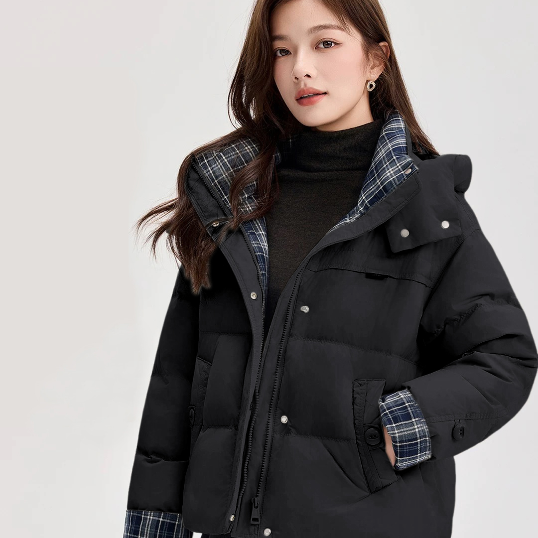 连帽短款格子女士法式短款棉服潮流时尚保暖面包服