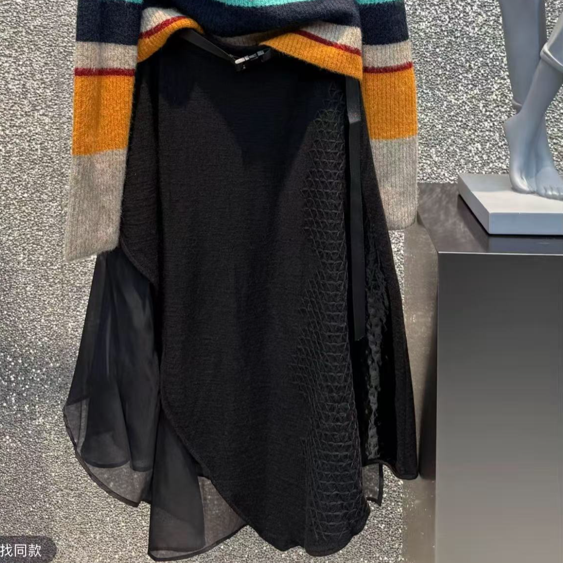 S·DEER圣迪奥女装时尚冬季休闲腰带针织拼接不规则长裙S20481112