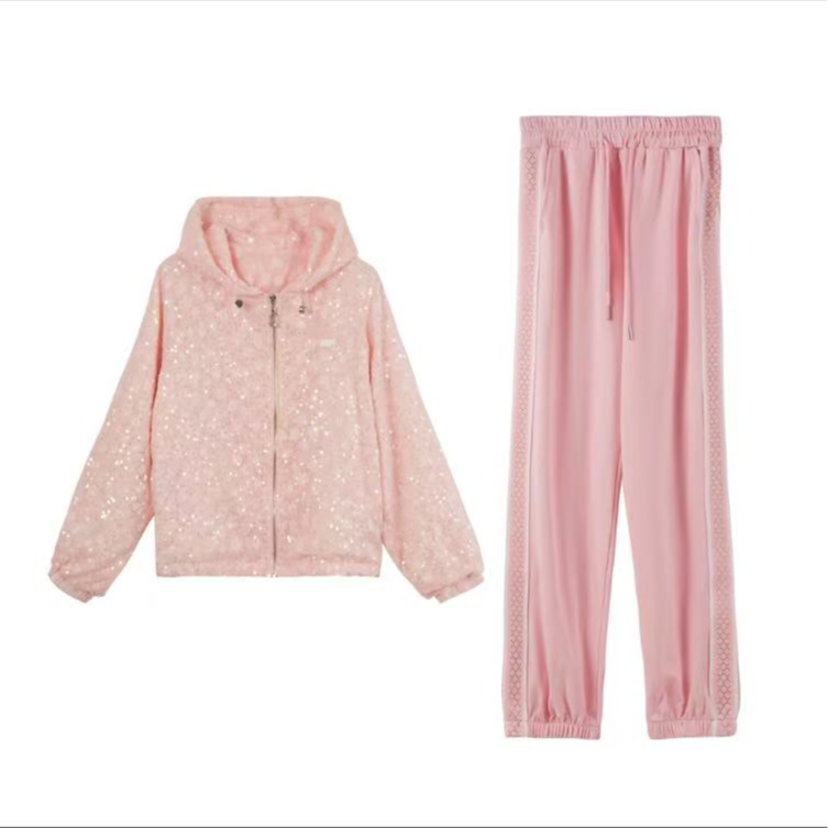 编号【23】2025春季新款原创设计轻奢图案亮片连帽减龄套装-A009