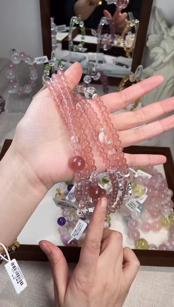 烟晶手链银S925镶嵌双圈草莓晶