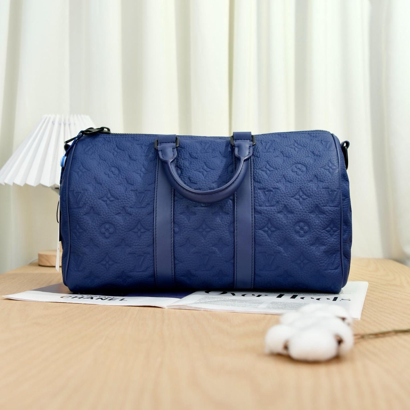 99新 LouisVuitton/路易威登 9015keepall35蓝色压纹斜挎包