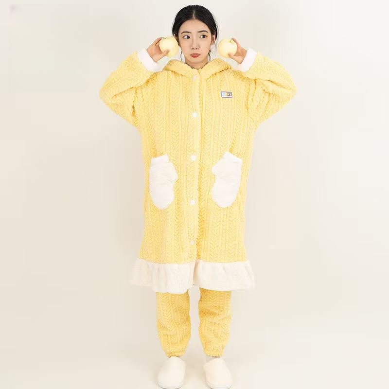 冬季保暖长裤连帽睡衣家居服套装卡通睡袍浴袍长款套装大码