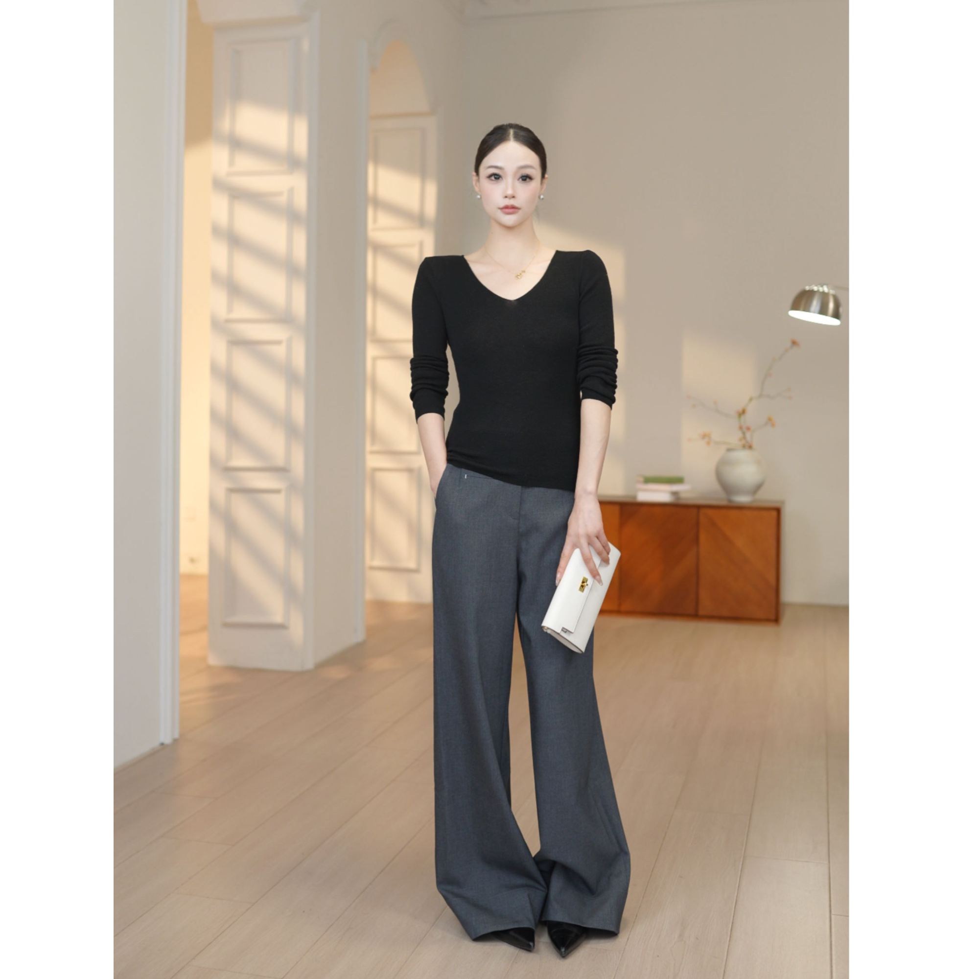 毛衣百搭V领修身后背镂空针织女显瘦气质毛针织衫长袖JT515