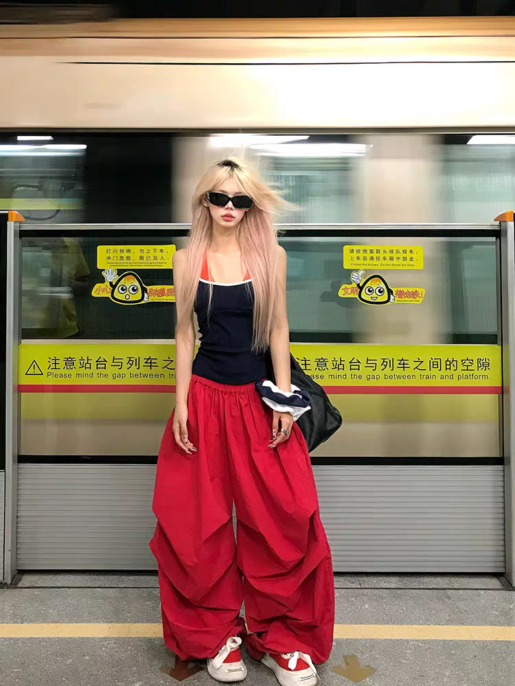 美式复古松弛慵懒风红色褶皱伞兵阔腿裤B3055