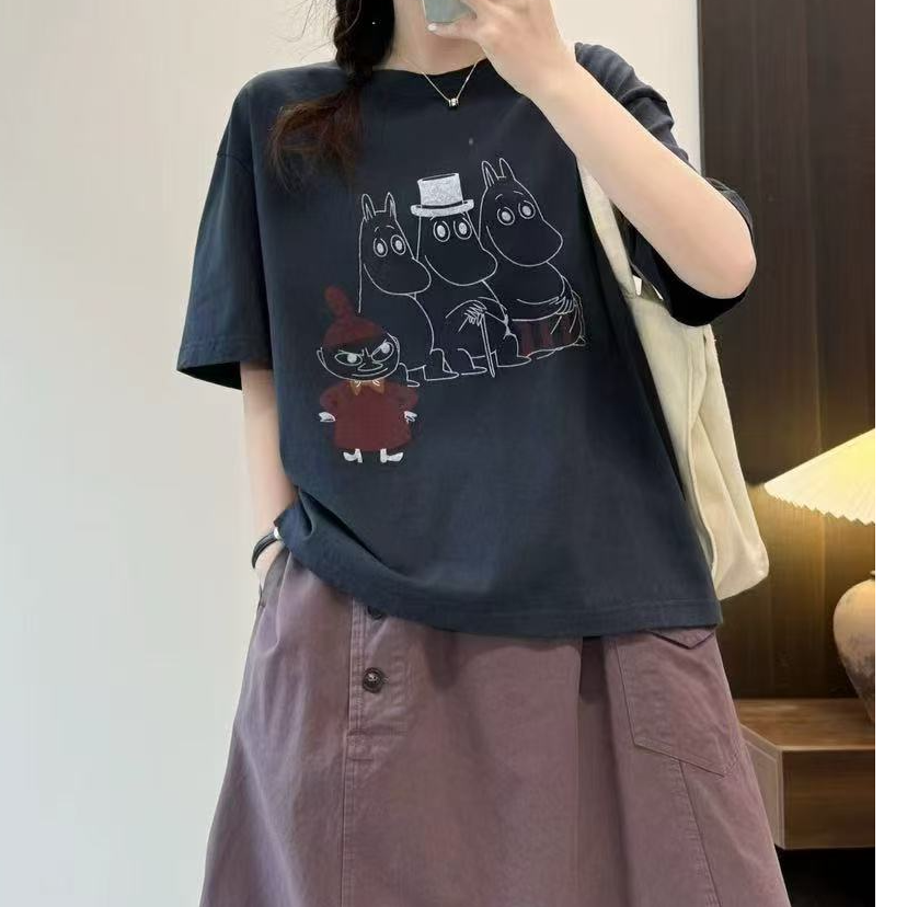 休闲韩版女款夏季纯棉圆领印花百搭T恤卡通