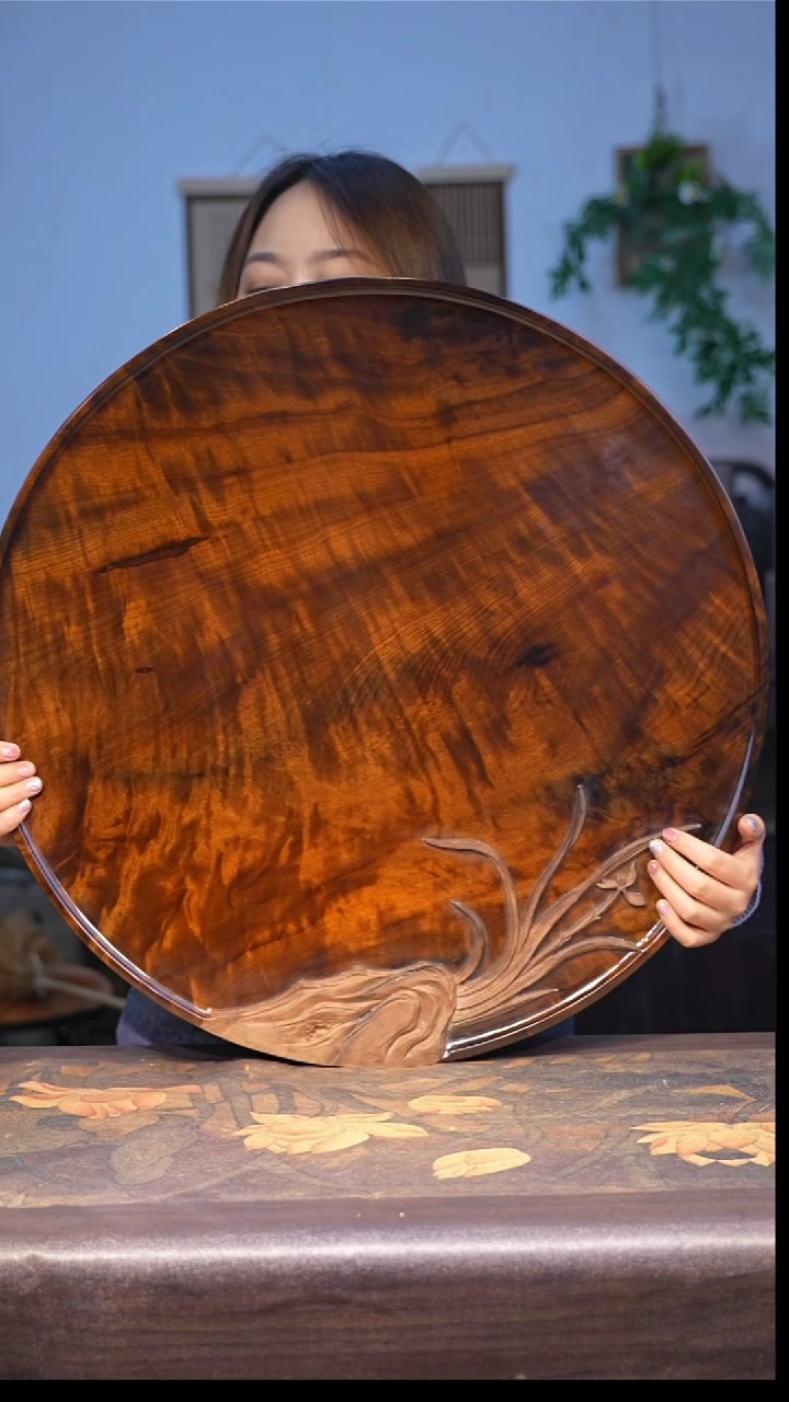 金丝楠圆盘阴沉木茶盘金丝楠祥云纹【1】