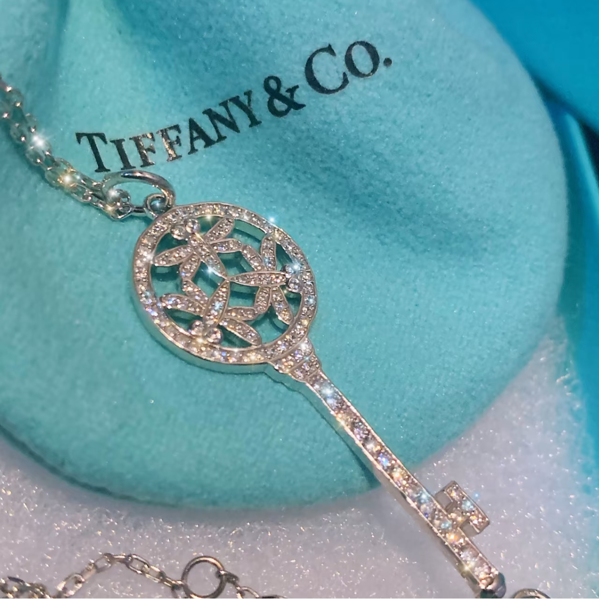 99新 Tiffany & Co./蒂芙尼 珊珊 蜻蜓钥匙 白金满钻 项链 