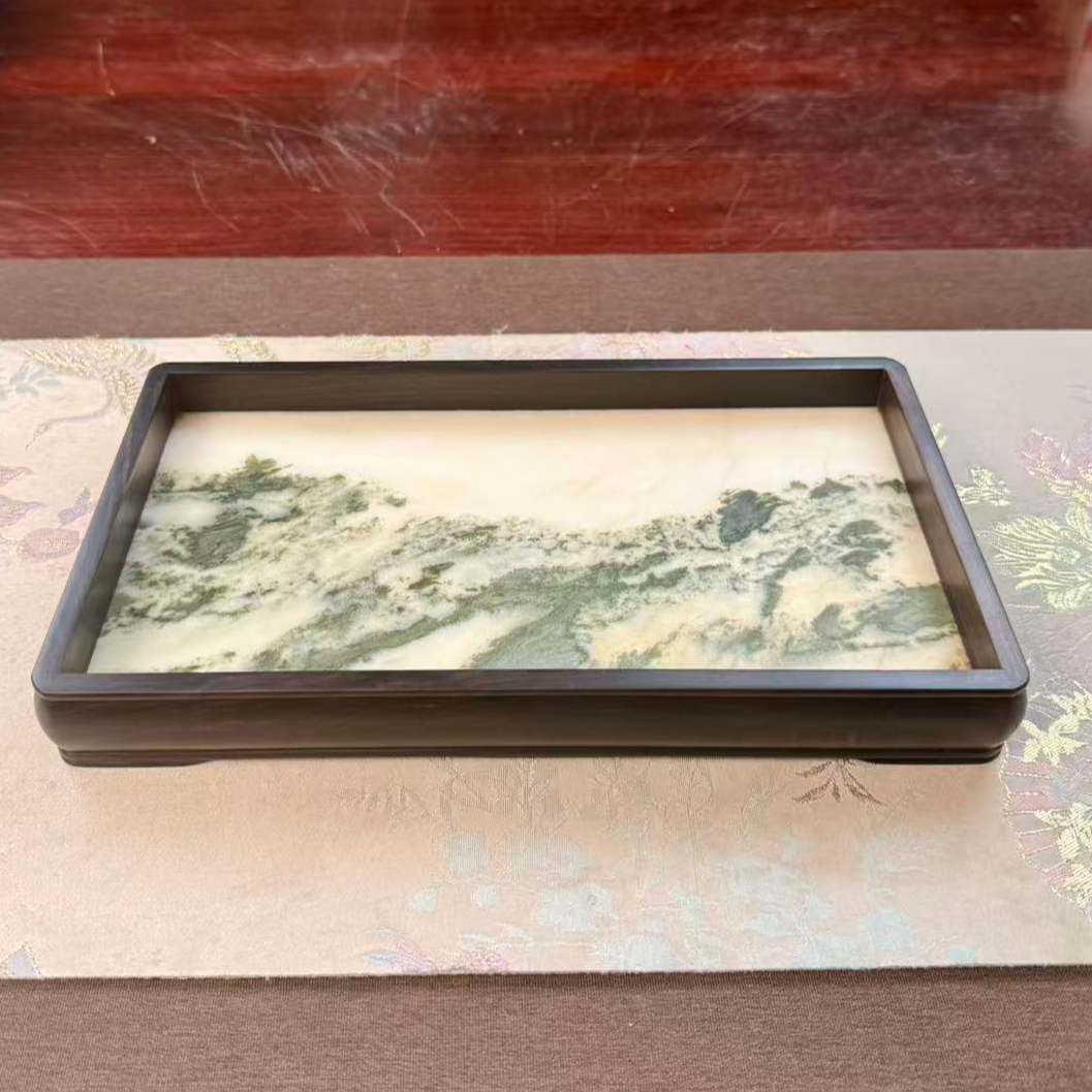 紫光檀长方形嵌云石托盘底座   尺寸：27.5*15.5*3.2cm