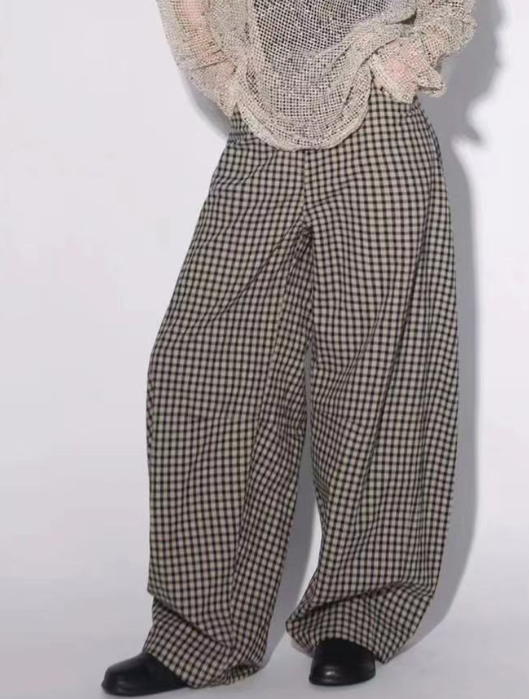 NiNi【W042 日系格子裤】高腰撞色 垂感棉质 休闲长裤
