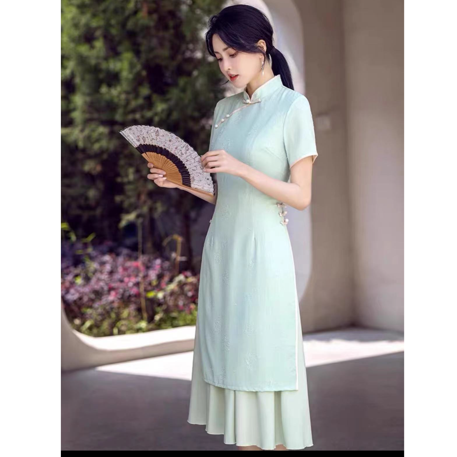 447-绿色 泡泡提花 奥戴 旗袍