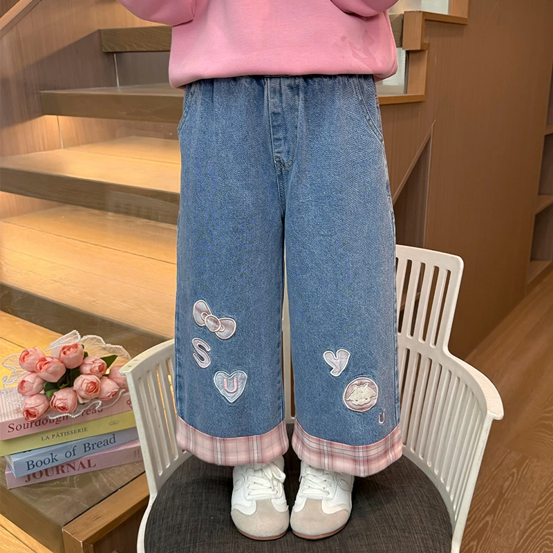 【爆款】女童卡通牛仔裤洋气儿童春秋款韩版阔腿裤2025女孩秋季裤子