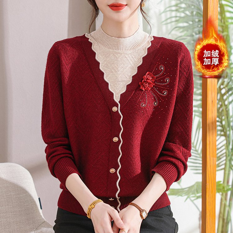 中老年女装秋冬妈妈毛衣宽松针织打底衫假两件加厚加绒保暖上衣