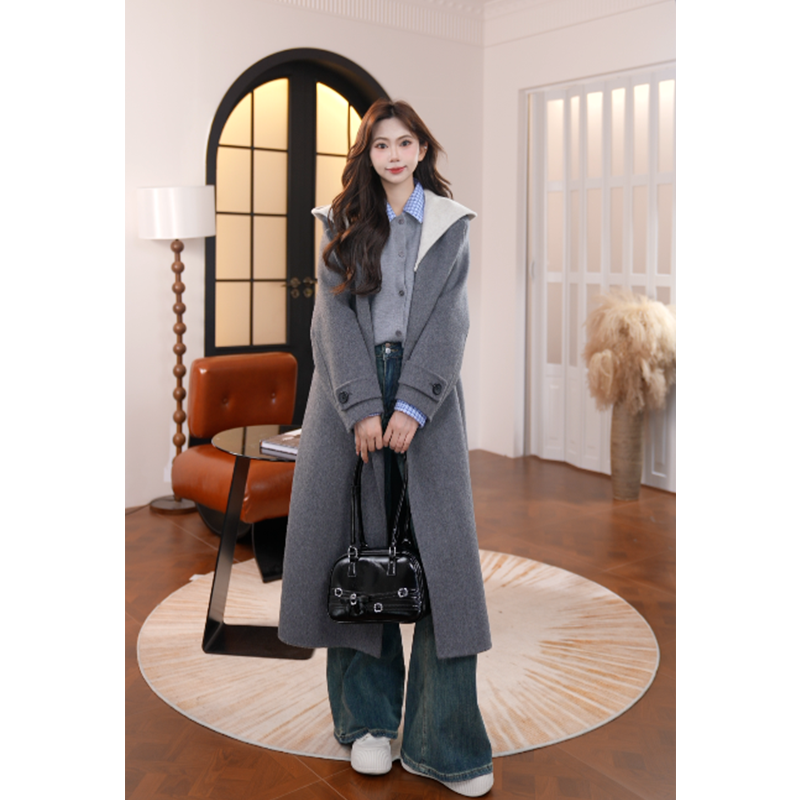 HSTYLE/韩都衣舍【雾里寻棕】羊毛大衣撞色可拆卸帽子长款高级感