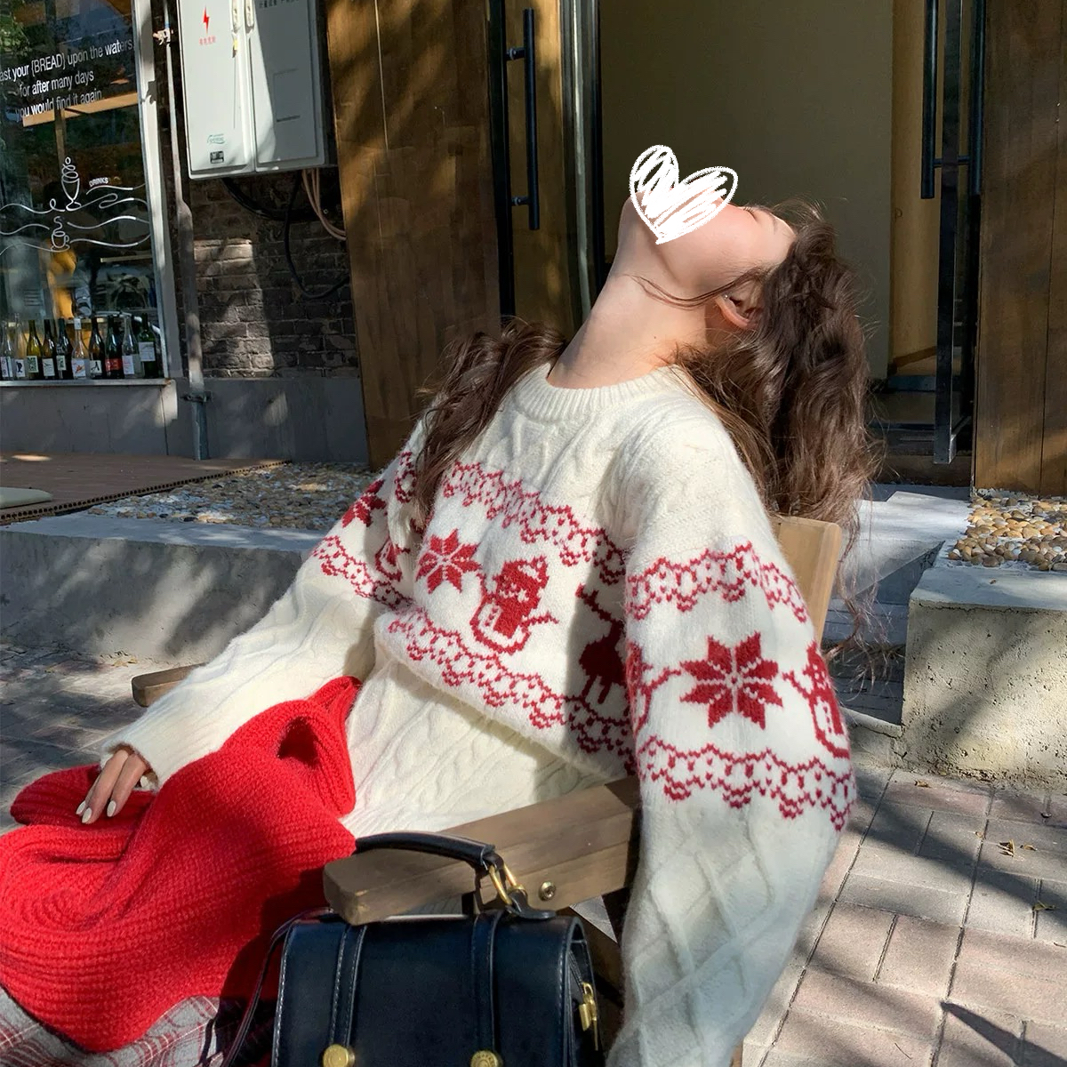 梅雪交融~费尔岛氛围感显瘦提花圆领毛衣女新款宽松保暖针织衫